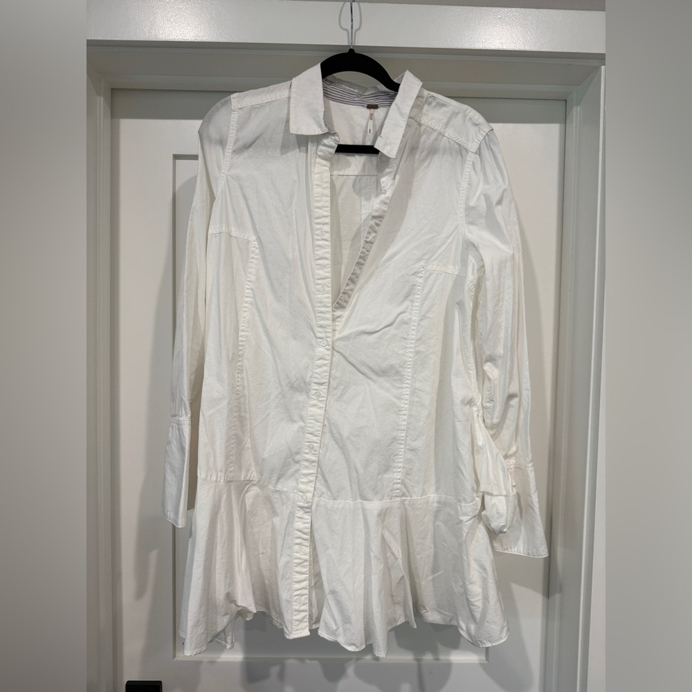 Free People White Button-Down Long Sleeve Shirt Dress with Pockets